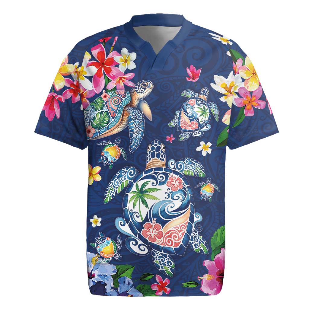 Hawaiian Turtles and Tropical Plants Rugby Jersey Blue Watercolor