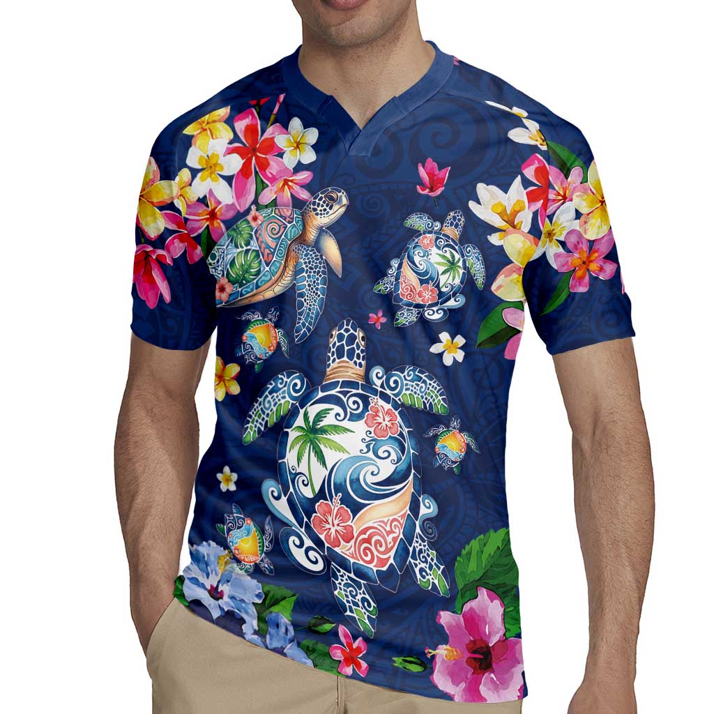 Hawaiian Turtles and Tropical Plants Rugby Jersey Blue Watercolor