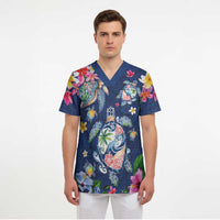 Hawaiian Turtles and Tropical Plants Scrub Top Blue Watercolor