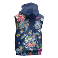 Hawaiian Turtles and Tropical Plants Sleeveless Hoodie Blue Watercolor