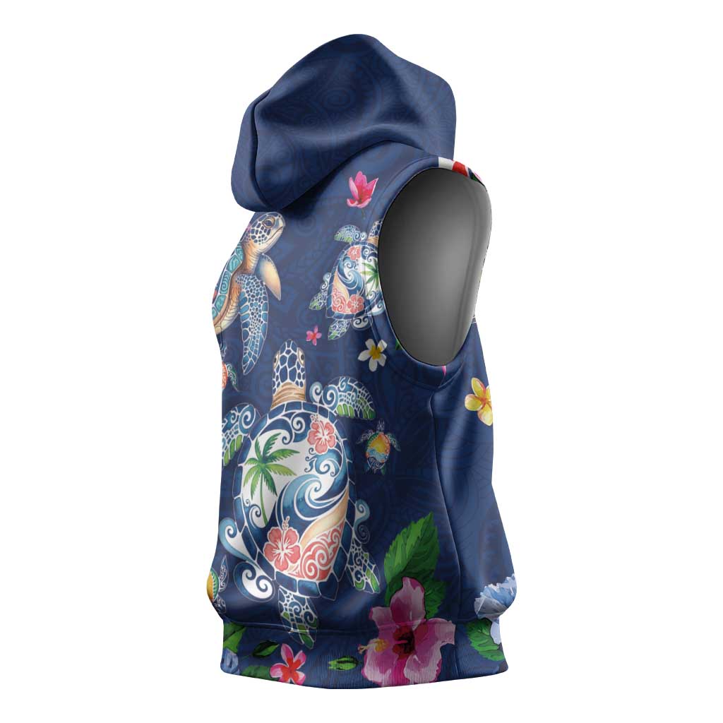 Hawaiian Turtles and Tropical Plants Sleeveless Hoodie Blue Watercolor