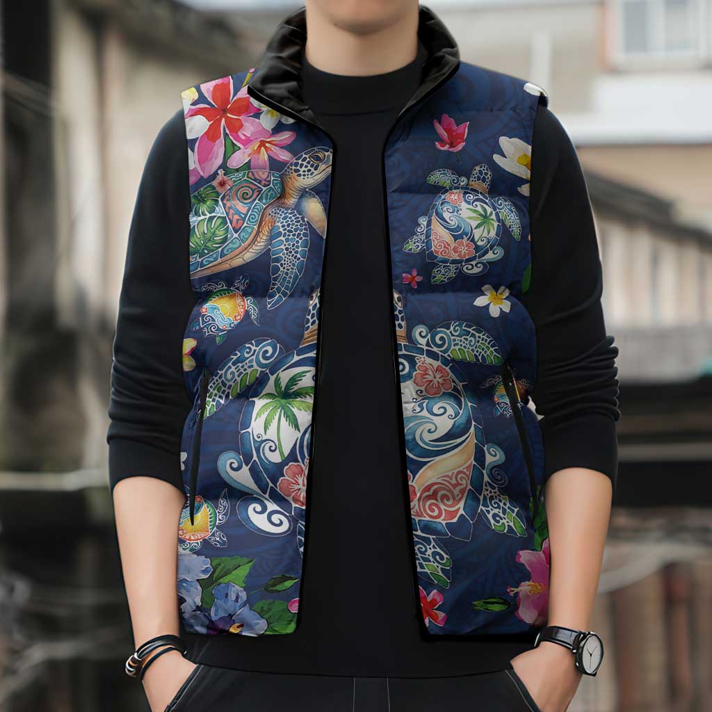Hawaiian Turtles and Tropical Plants Sleeveless Puffer Jacket Blue Watercolor