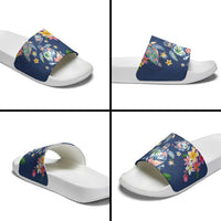 Hawaiian Turtles and Tropical Plants Slide Sandals Blue Watercolor