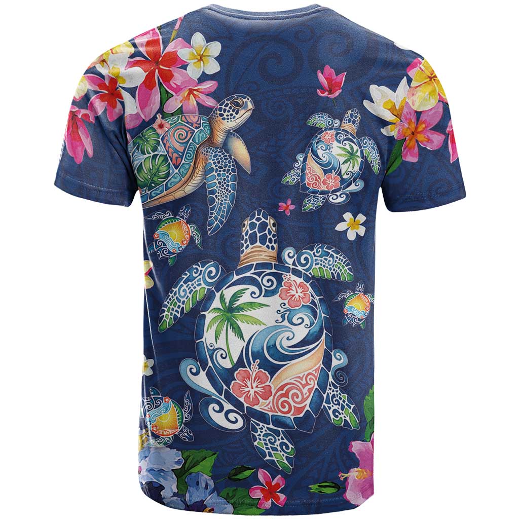 Hawaiian Turtles and Tropical Plants T Shirt Blue Watercolor