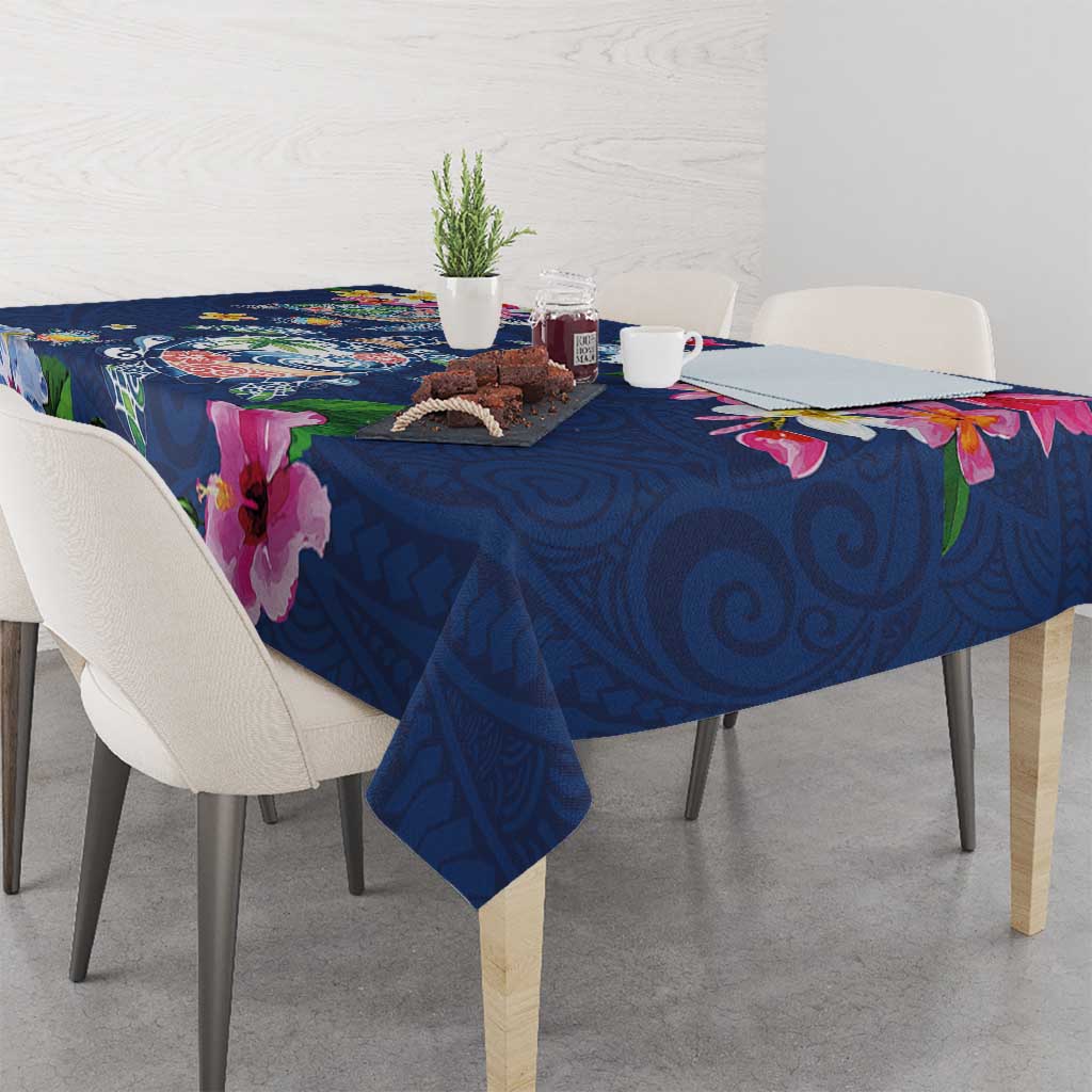 Hawaiian Turtles and Tropical Plants Tablecloth Blue Watercolor