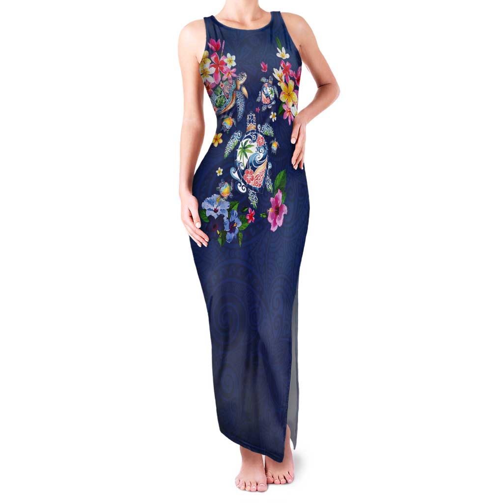 Hawaiian Turtles and Tropical Plants Tank Maxi Dress Blue Watercolor