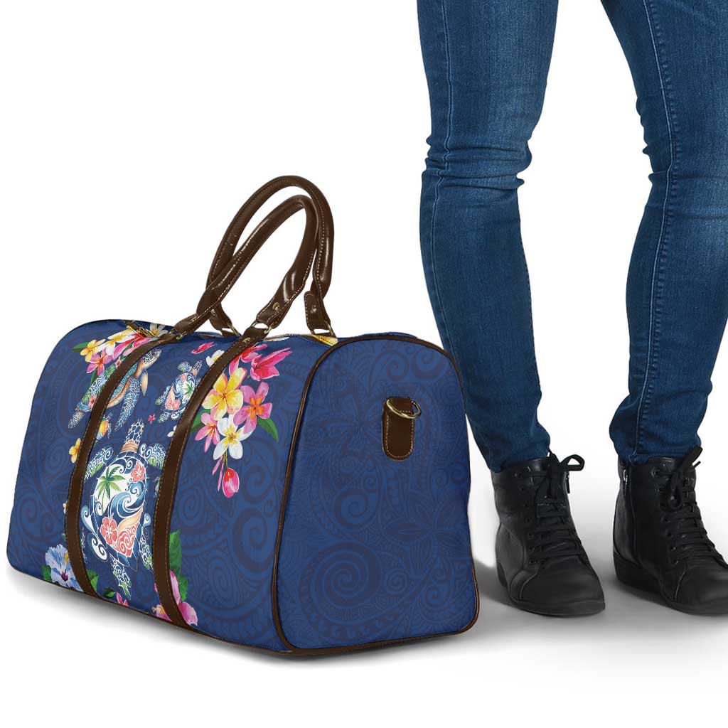 Hawaiian Turtles and Tropical Plants Travel Bag Blue Watercolor