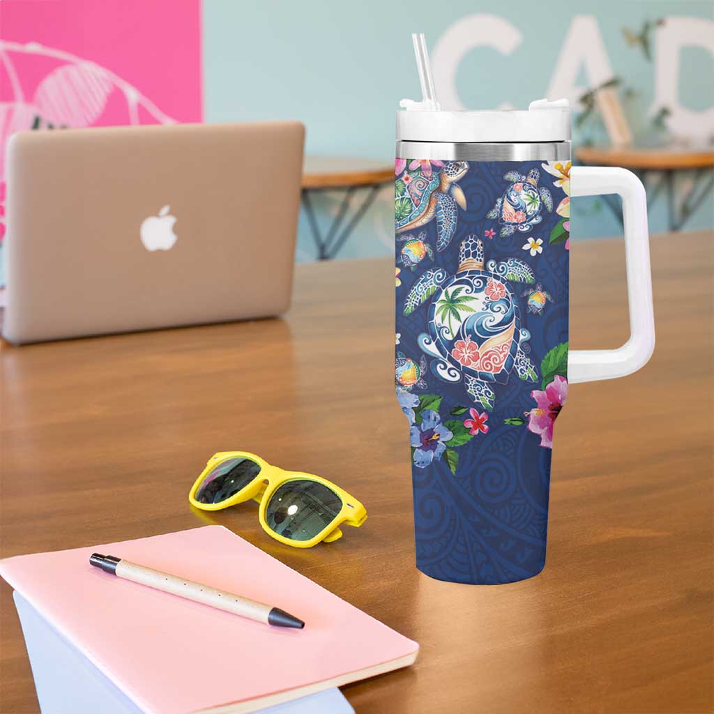 Hawaiian Turtles and Tropical Plants Tumbler With Handle Blue Watercolor