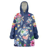 Hawaiian Turtles and Tropical Plants Wearable Blanket Hoodie Blue Watercolor
