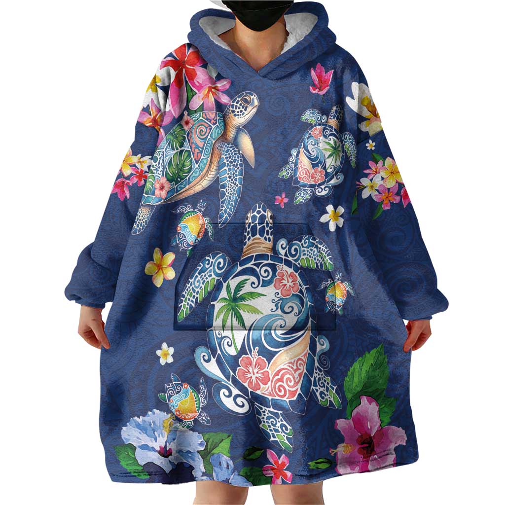 Hawaiian Turtles and Tropical Plants Wearable Blanket Hoodie Blue Watercolor