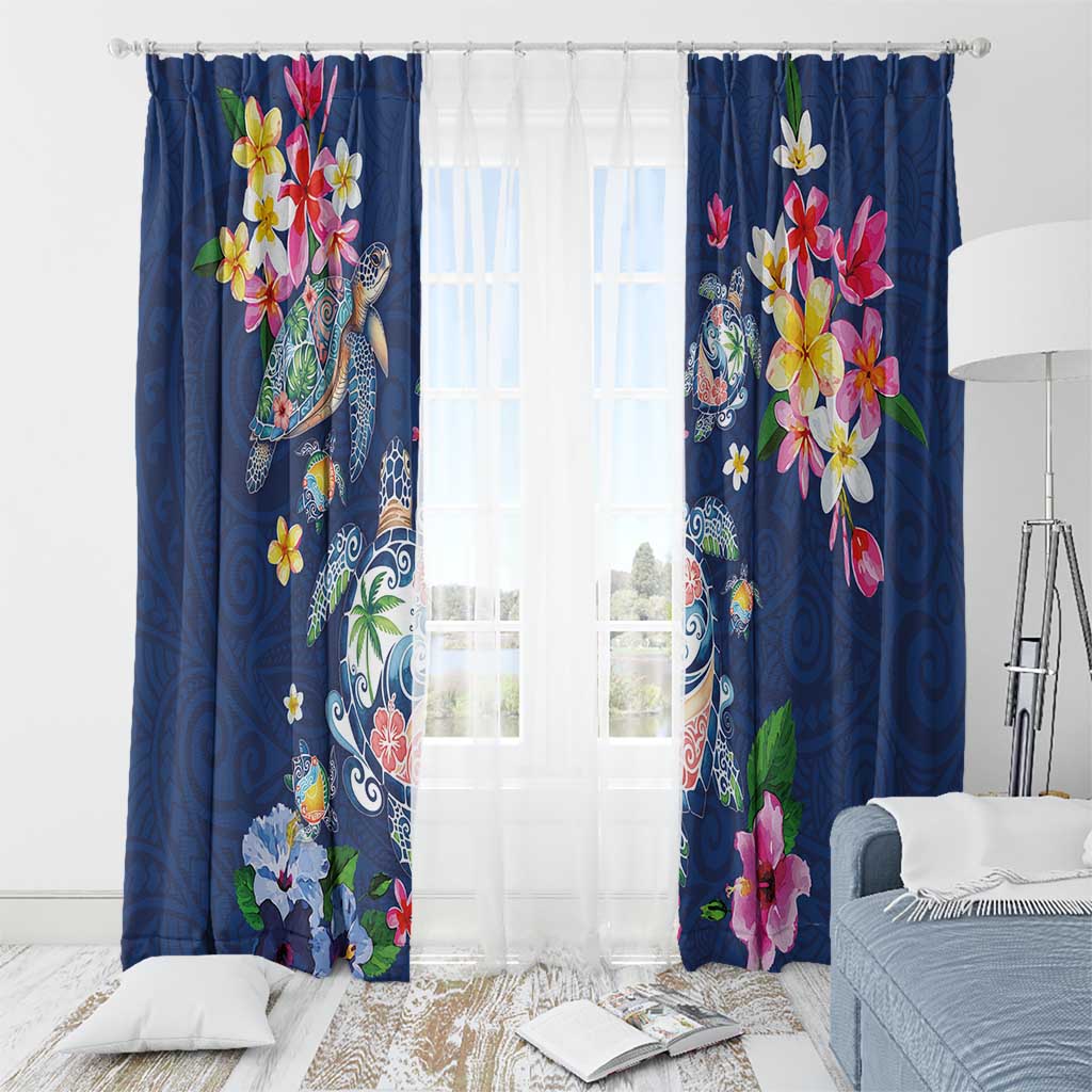 Hawaiian Turtles and Tropical Plants Window Curtain Blue Watercolor