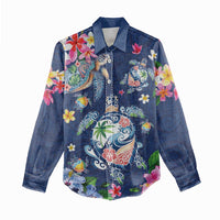 Hawaiian Turtles and Tropical Plants Women Casual Shirt Blue Watercolor