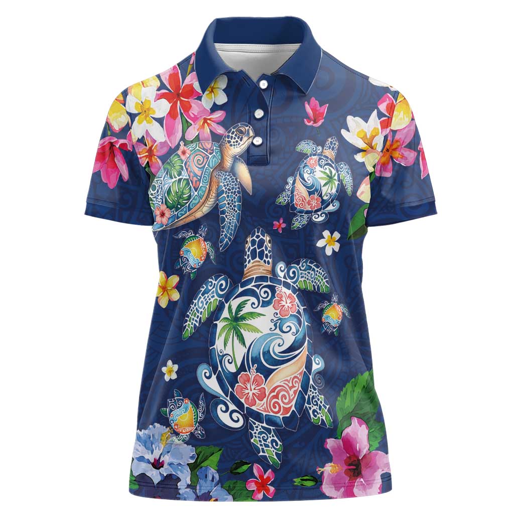 Hawaiian Turtles and Tropical Plants Women Polo Shirt Blue Watercolor
