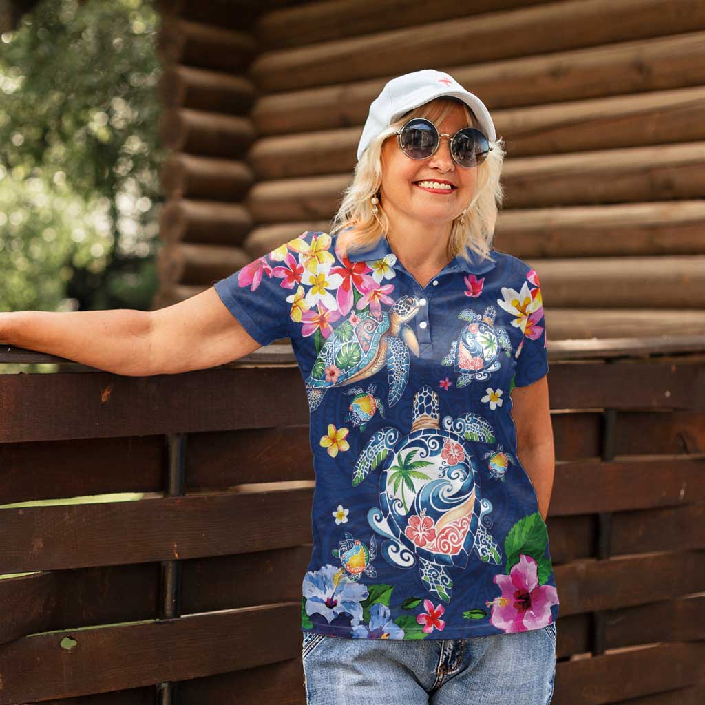 Hawaiian Turtles and Tropical Plants Women Polo Shirt Blue Watercolor