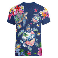 Hawaiian Turtles and Tropical Plants Women V-Neck T-Shirt Blue Watercolor