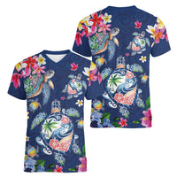Hawaiian Turtles and Tropical Plants Women V-Neck T-Shirt Blue Watercolor