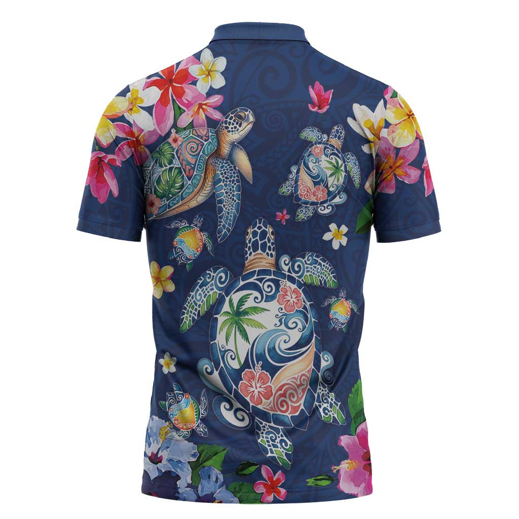 Hawaiian Turtles and Tropical Plants Zipper Polo Shirt Blue Watercolor