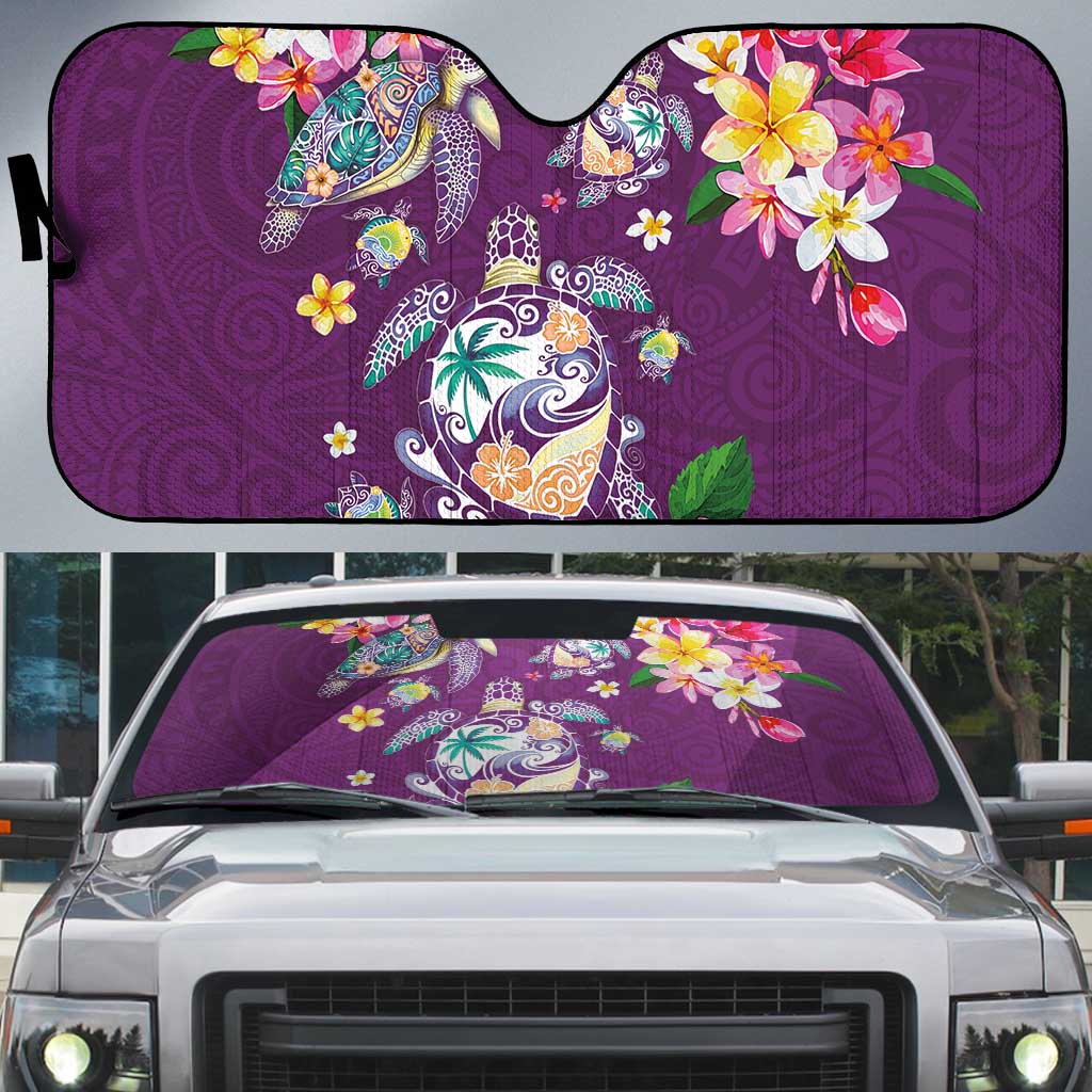 Hawaiian Turtles and Tropical Plants Auto Sun Shade Purple Watercolor