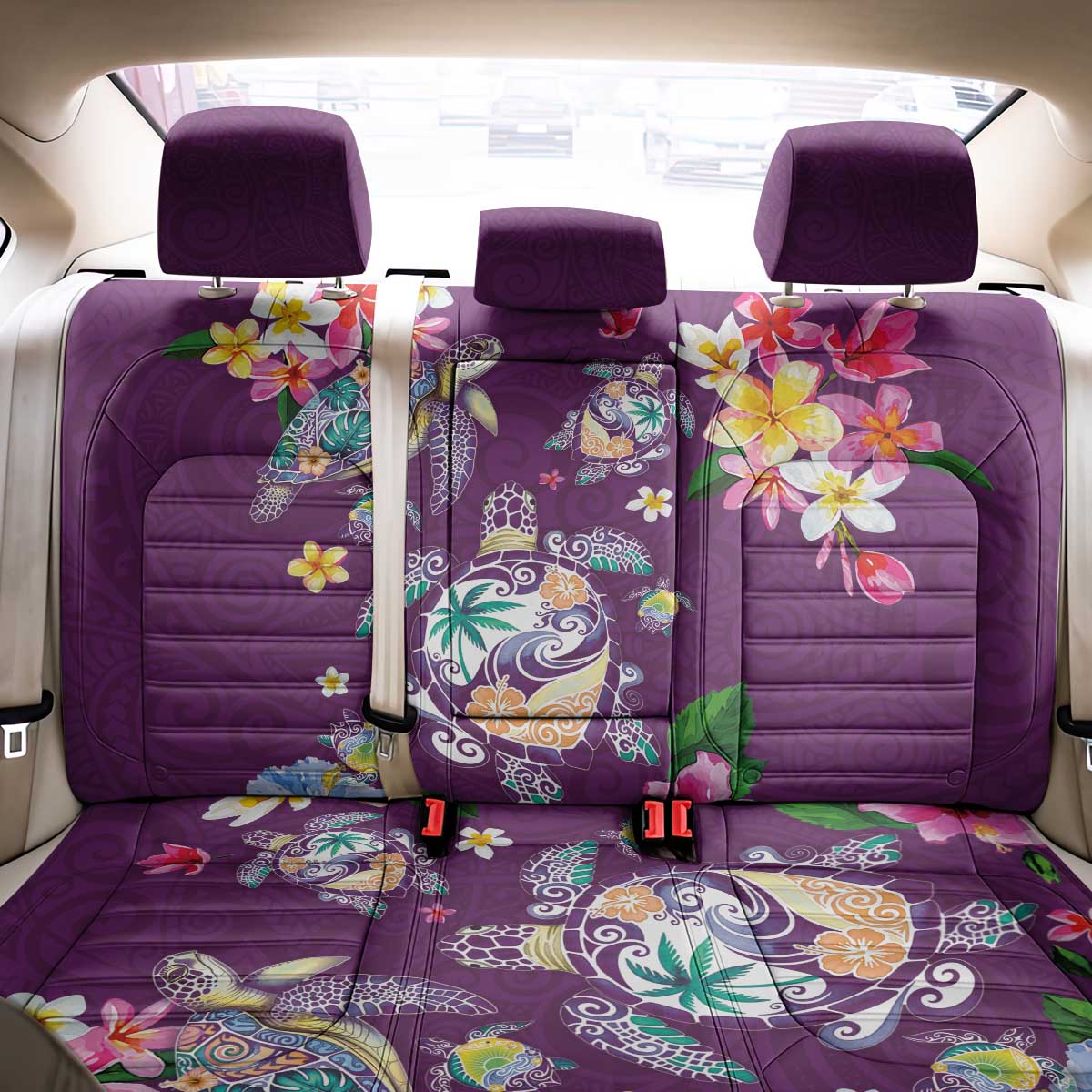 Hawaiian Turtles and Tropical Plants Back Car Seat Cover Purple Watercolor