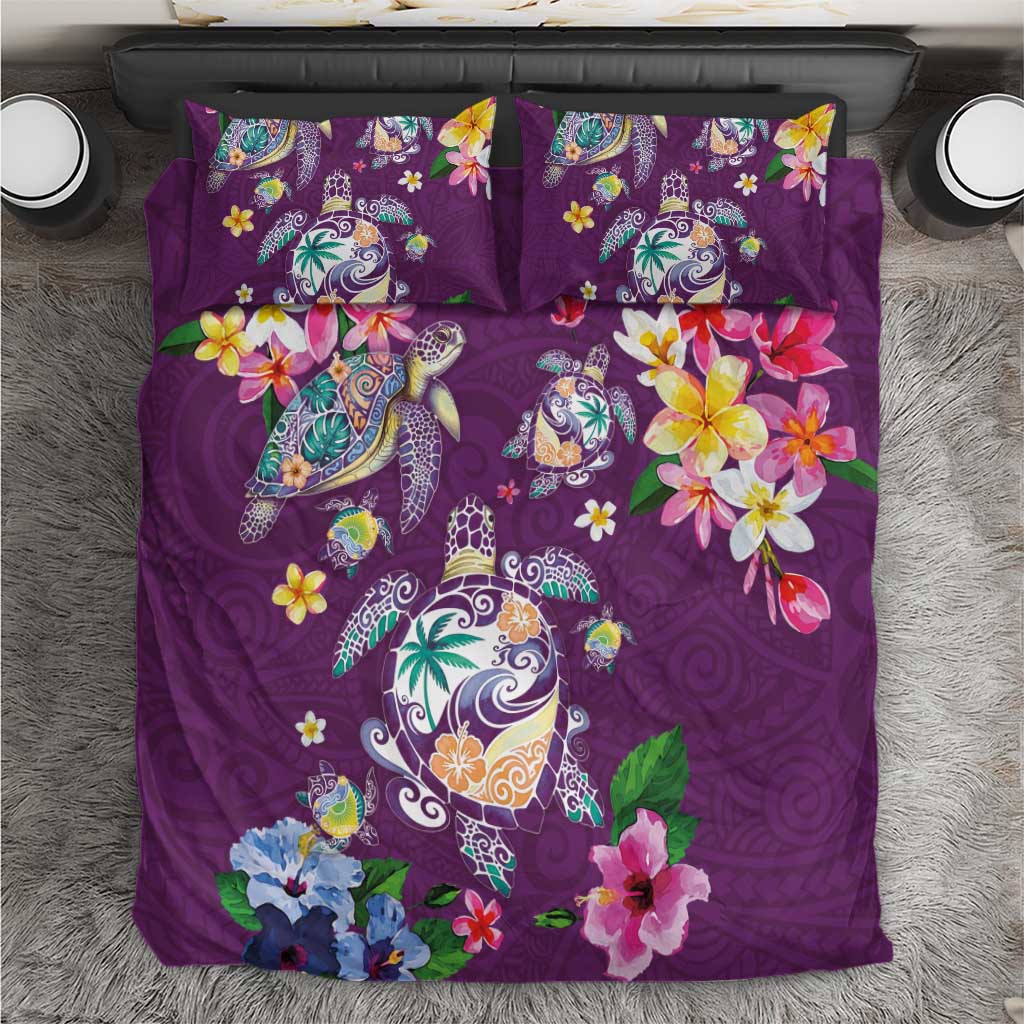 Hawaiian Turtles and Tropical Plants Bedding Set Purple Watercolor
