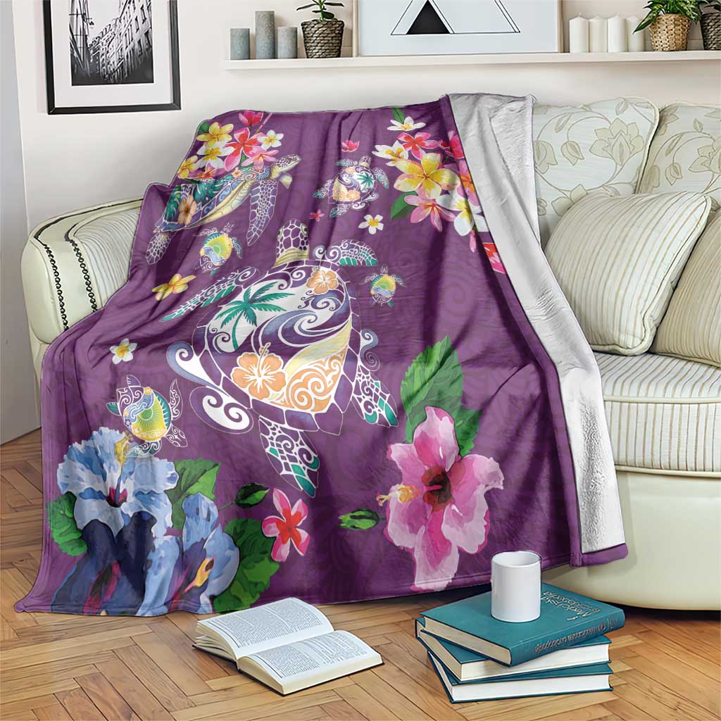 Hawaiian Turtles and Tropical Plants Blanket Purple Watercolor