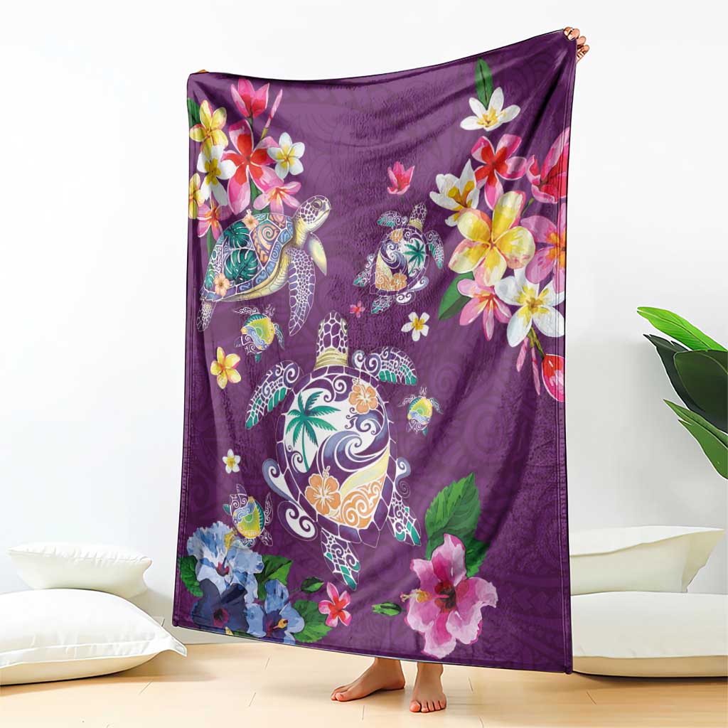 Hawaiian Turtles and Tropical Plants Blanket Purple Watercolor