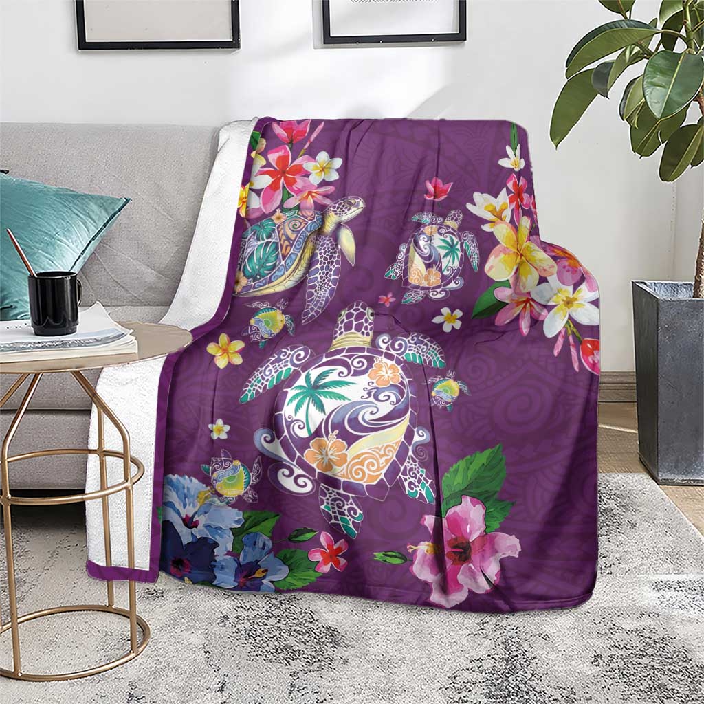 Hawaiian Turtles and Tropical Plants Blanket Purple Watercolor
