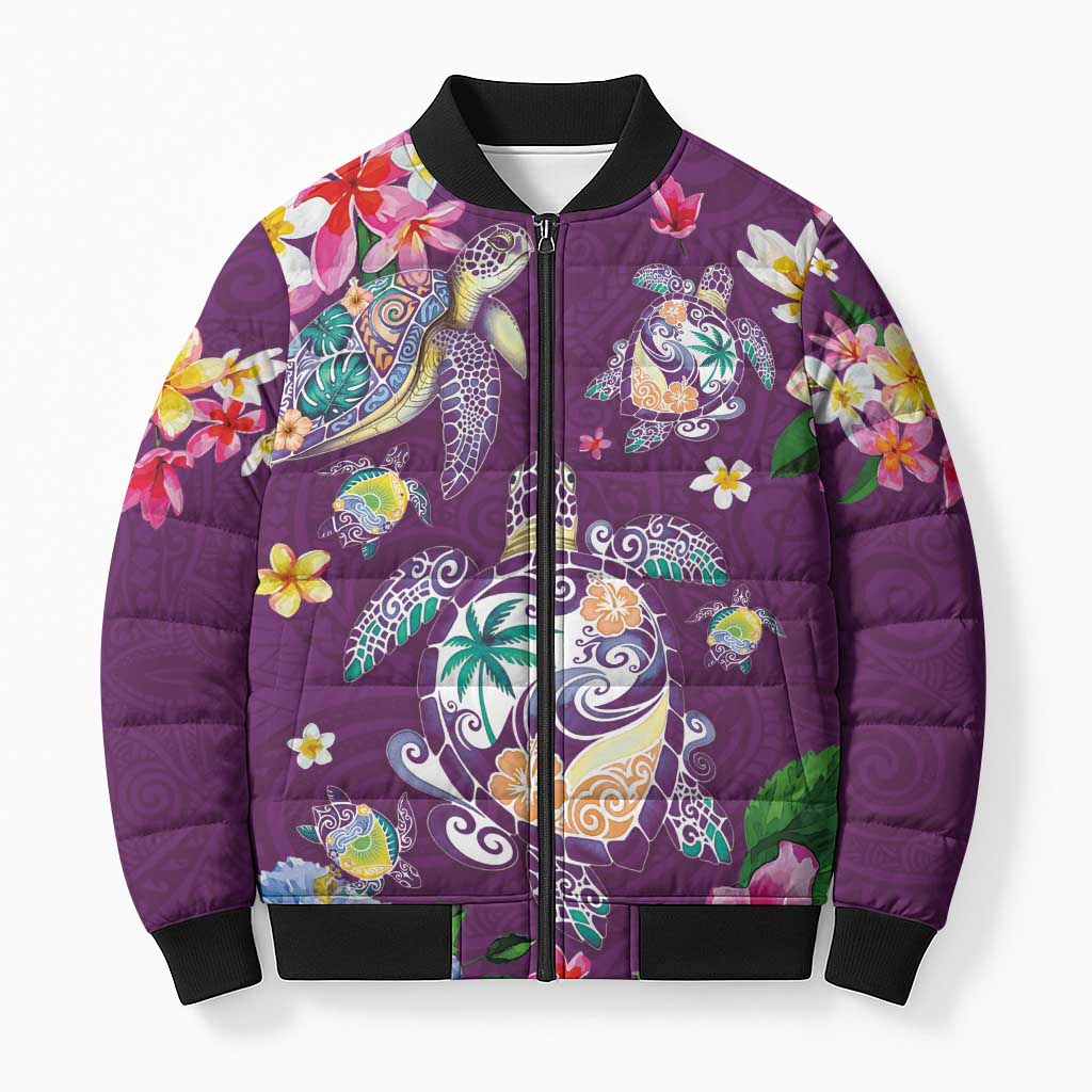 Hawaiian Turtles and Tropical Plants Bomber Puffer Jacket Purple Watercolor LT03 Unisex Purple - Polynesian Pride