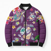 Hawaiian Turtles and Tropical Plants Bomber Puffer Jacket Purple Watercolor