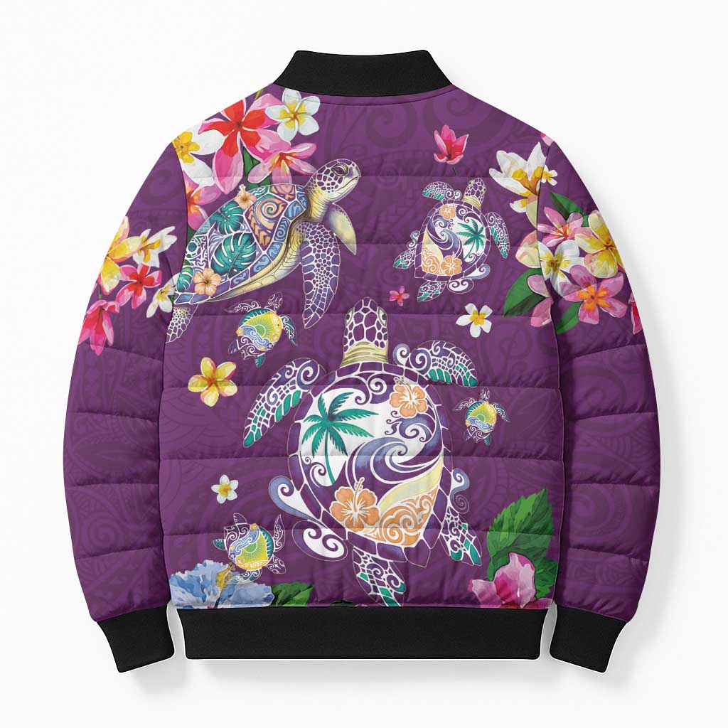 Hawaiian Turtles and Tropical Plants Bomber Puffer Jacket Purple Watercolor