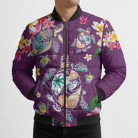 Hawaiian Turtles and Tropical Plants Bomber Puffer Jacket Purple Watercolor