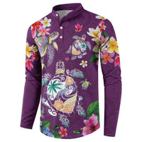 Hawaiian Turtles and Tropical Plants Button Sweatshirt Purple Watercolor