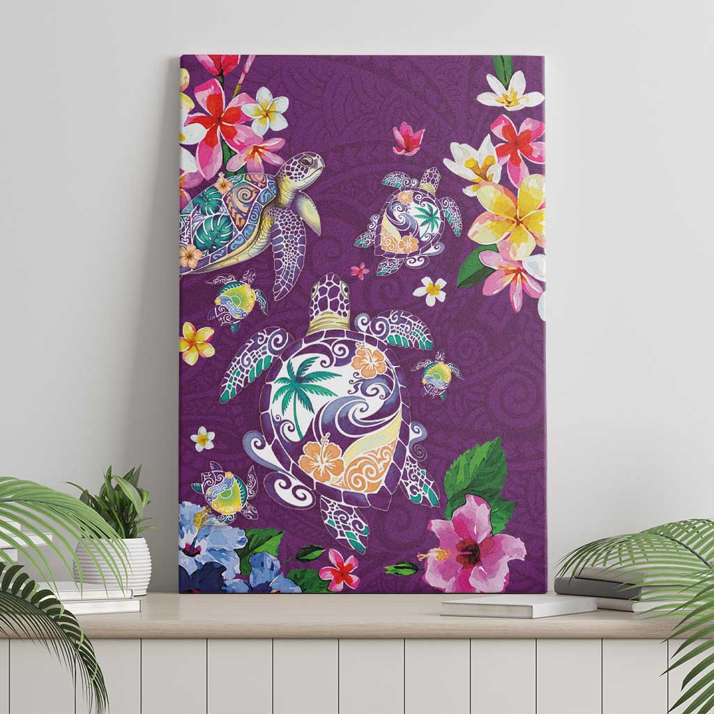 Hawaiian Turtles and Tropical Plants Canvas Wall Art Purple Watercolor