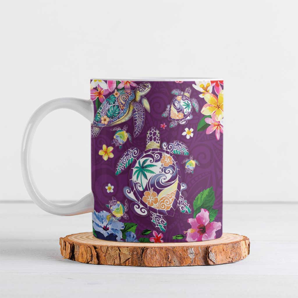 Hawaiian Turtles and Tropical Plants Ceramic Mug Purple Watercolor