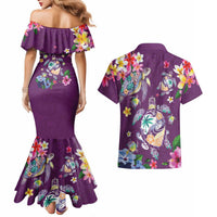 Hawaiian Turtles and Tropical Plants Couples Matching Mermaid Dress and Hawaiian Shirt Purple Watercolor LT03 - Polynesian Pride