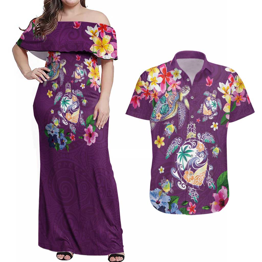 Hawaiian Turtles and Tropical Plants Couples Matching Off Shoulder Maxi Dress and Hawaiian Shirt Purple Watercolor LT03 Purple - Polynesian Pride