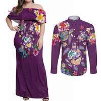 Hawaiian Turtles and Tropical Plants Couples Matching Off Shoulder Maxi Dress and Long Sleeve Button Shirt Purple Watercolor