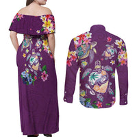 Hawaiian Turtles and Tropical Plants Couples Matching Off Shoulder Maxi Dress and Long Sleeve Button Shirt Purple Watercolor