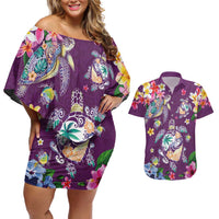 Hawaiian Turtles and Tropical Plants Couples Matching Off Shoulder Short Dress and Hawaiian Shirt Purple Watercolor LT03 Purple - Polynesian Pride