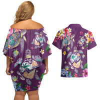Hawaiian Turtles and Tropical Plants Couples Matching Off Shoulder Short Dress and Hawaiian Shirt Purple Watercolor LT03 - Polynesian Pride
