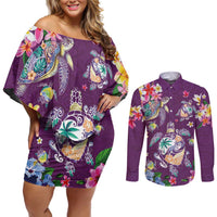 Hawaiian Turtles and Tropical Plants Couples Matching Off Shoulder Short Dress and Long Sleeve Button Shirt Purple Watercolor