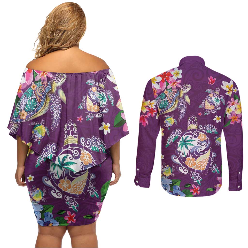 Hawaiian Turtles and Tropical Plants Couples Matching Off Shoulder Short Dress and Long Sleeve Button Shirt Purple Watercolor
