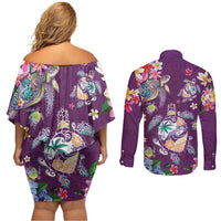 Hawaiian Turtles and Tropical Plants Couples Matching Off Shoulder Short Dress and Long Sleeve Button Shirt Purple Watercolor
