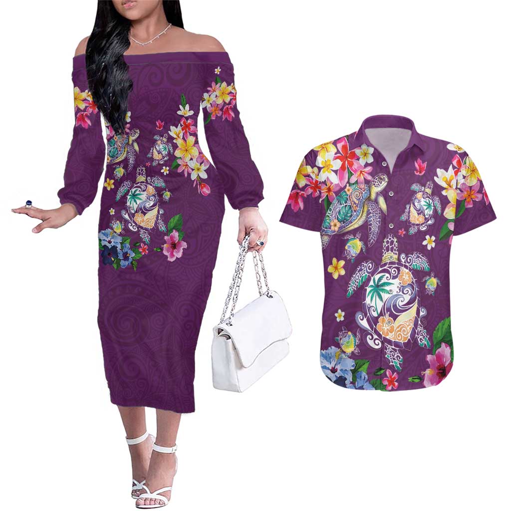 Hawaiian Turtles and Tropical Plants Couples Matching Off The Shoulder Long Sleeve Dress and Hawaiian Shirt Purple Watercolor