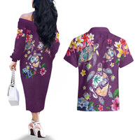 Hawaiian Turtles and Tropical Plants Couples Matching Off The Shoulder Long Sleeve Dress and Hawaiian Shirt Purple Watercolor LT03 - Polynesian Pride