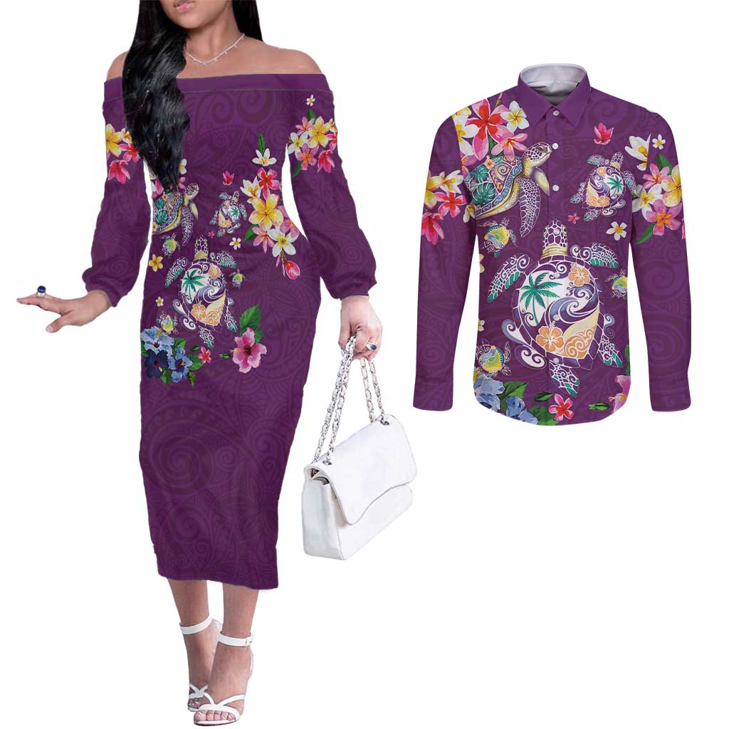 Hawaiian Turtles and Tropical Plants Couples Matching Off The Shoulder Long Sleeve Dress and Long Sleeve Button Shirt Purple Watercolor LT03 Purple - Polynesian Pride