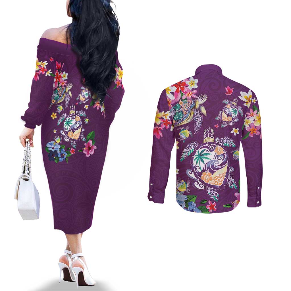 Hawaiian Turtles and Tropical Plants Couples Matching Off The Shoulder Long Sleeve Dress and Long Sleeve Button Shirt Purple Watercolor LT03 - Polynesian Pride