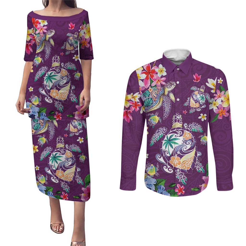 Hawaiian Turtles and Tropical Plants Couples Matching Puletasi and Long Sleeve Button Shirt Purple Watercolor LT03 Purple - Polynesian Pride