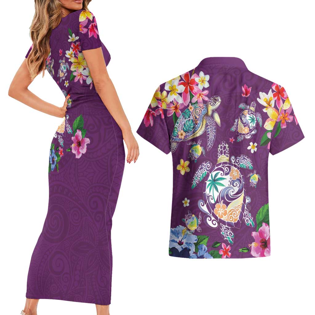 Hawaiian Turtles and Tropical Plants Couples Matching Short Sleeve Bodycon Dress and Hawaiian Shirt Purple Watercolor LT03 - Polynesian Pride