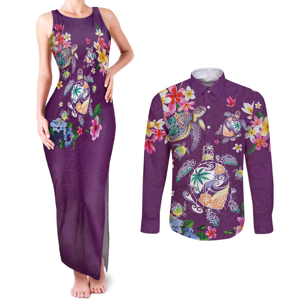 Hawaiian Turtles and Tropical Plants Couples Matching Tank Maxi Dress and Long Sleeve Button Shirt Purple Watercolor LT03 Purple - Polynesian Pride